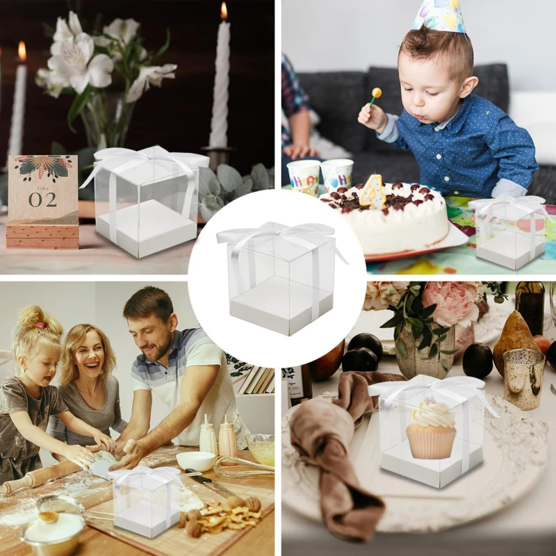 12Pcs PET Square Transparent Cupcake and Cake Boxes with Decorative Ribbons, Clear Plastic Dessert Containers for Wedding, Birthday, Party, Baking, Gift Packaging, and DIY Treat Presentation 9