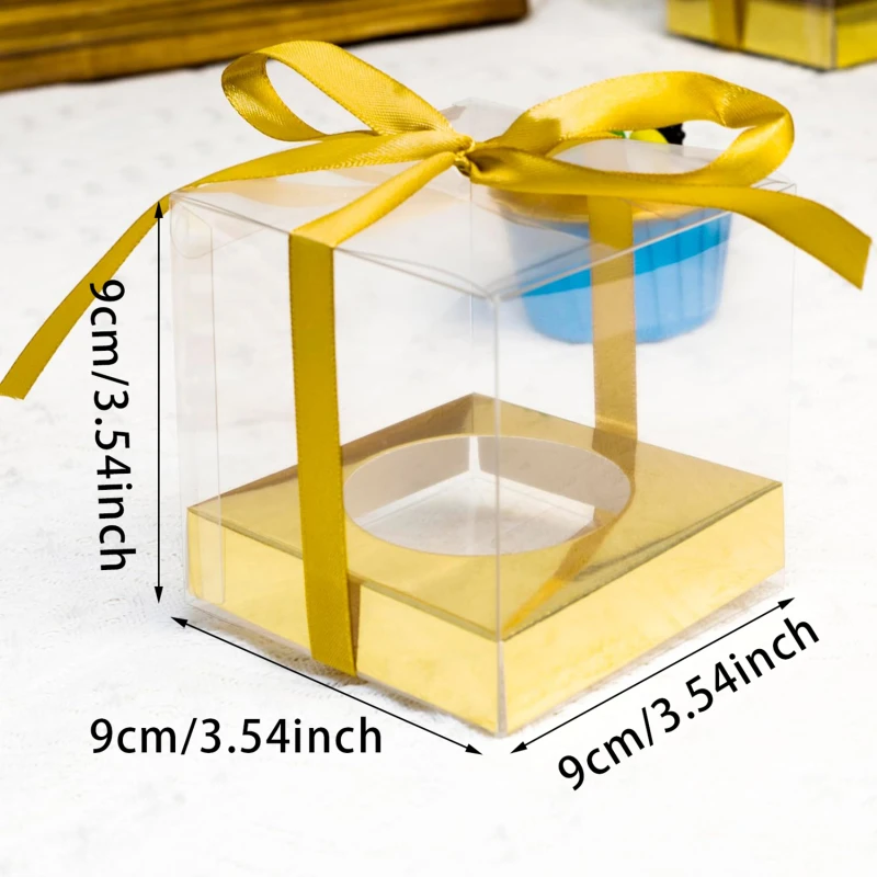 12Pcs PET Square Transparent Cupcake and Cake Boxes with Decorative Ribbons, Clear Plastic Dessert Containers for Wedding, Birthday, Party, Baking, Gift Packaging, and DIY Treat Presentation 1