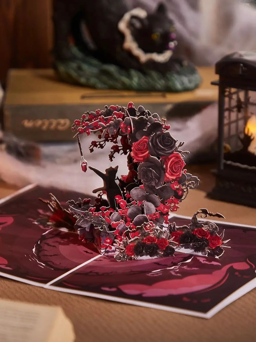 Exquisite Crescent-Shaped 3D Pop-Up Greeting Card – Elegant Black & Red Rose with Cat Design, Creative Birthday Gifts, Unique Handmade Card for Friends, Family, Lovers & Special Celebrations