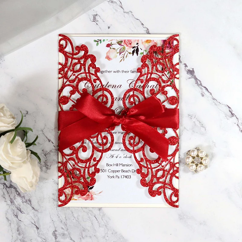 10PCS Laser Cut Blue Glitter Wedding Invitations with Ribbon – Elegant Gold Glitter Greeting Cards for XV Birthday, Bridal Shower, Engagement, Anniversary, or Party Decoration Supplies - 图片 11