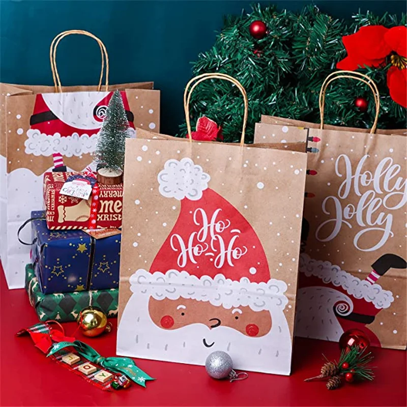 5pcs Christmas Kraft Paper Gift Bags with Handle – 120gsm Thick Paper Holiday Tote Bag for Candy, Cookies & Gifts, Durable Xmas Packaging for Parties, Weddings, Trees, New Year Decorations & Storage - 图片 3