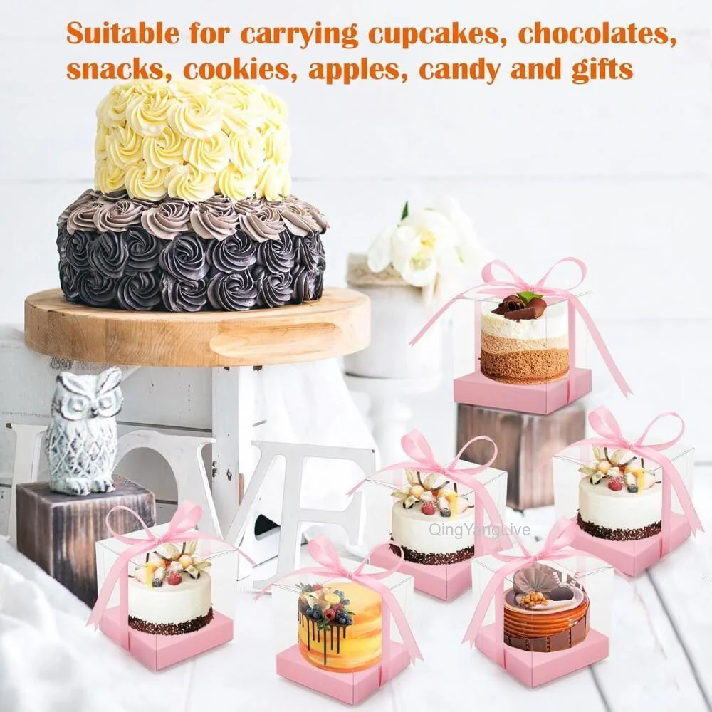 12Pcs Clear Plastic Cupcake Boxes with Ribbon, Single Cupcake Containers with Inserts, Disposable Individual Cupcake Carrier Holders for Birthday, Wedding, Baby Shower, Holiday Desserts, Party Favors and Bakery Use 6