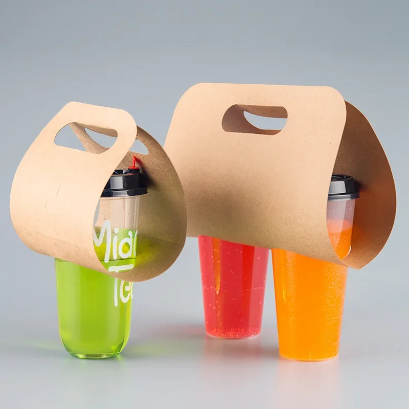 10 Pcs Portable Kraft Paper Cup Holder Takeaway Coffee Milk Tea Arc Cups Carry Creative Disposable Plastic-Free Beverage Packaging Bag Coffee Cup Carrier - 图片 3