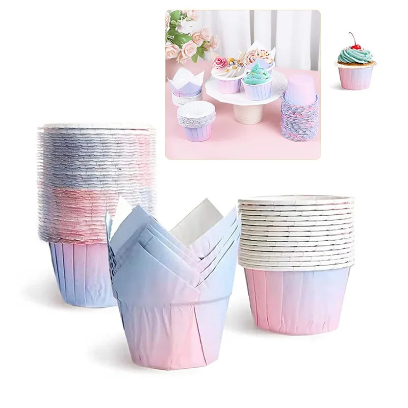 Gradient Color Cupcake Wrapper Baking Cups Grease-Proof Muffin Liners Containers High-Temperature Oven Safe Cupcake Holders Creative Dessert Wrappers for Parties and Baking