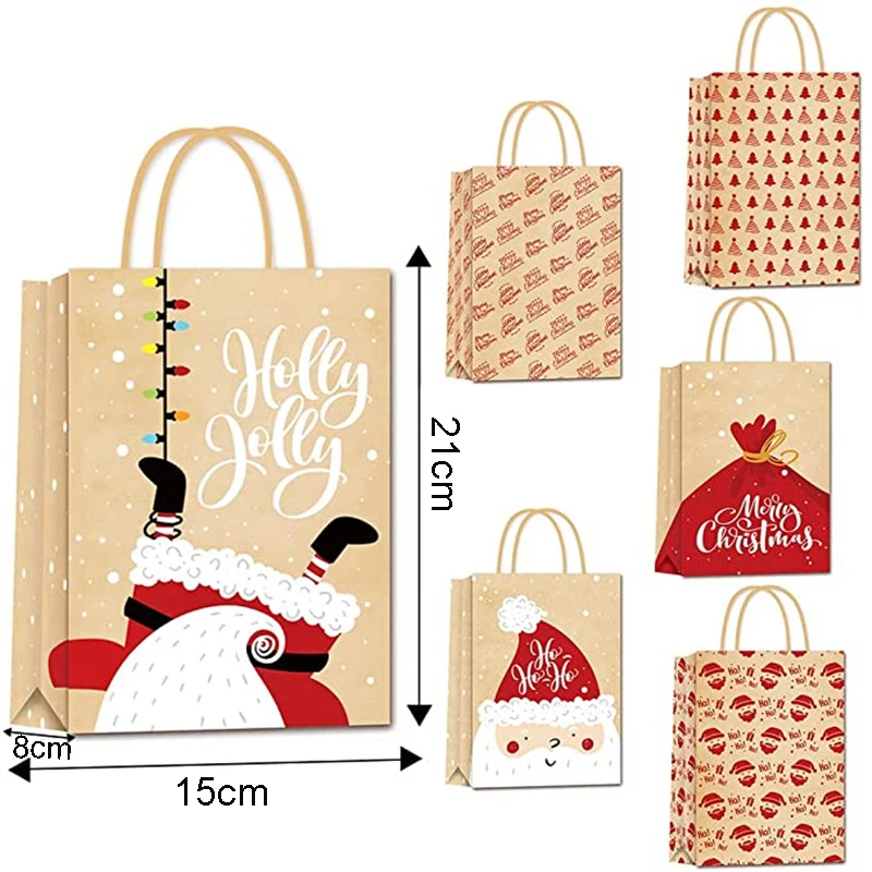 5pcs Christmas Kraft Paper Gift Bags with Handle – 120gsm Thick Paper Holiday Tote Bag for Candy, Cookies & Gifts, Durable Xmas Packaging for Parties, Weddings, Trees, New Year Decorations & Storage - 图片 6