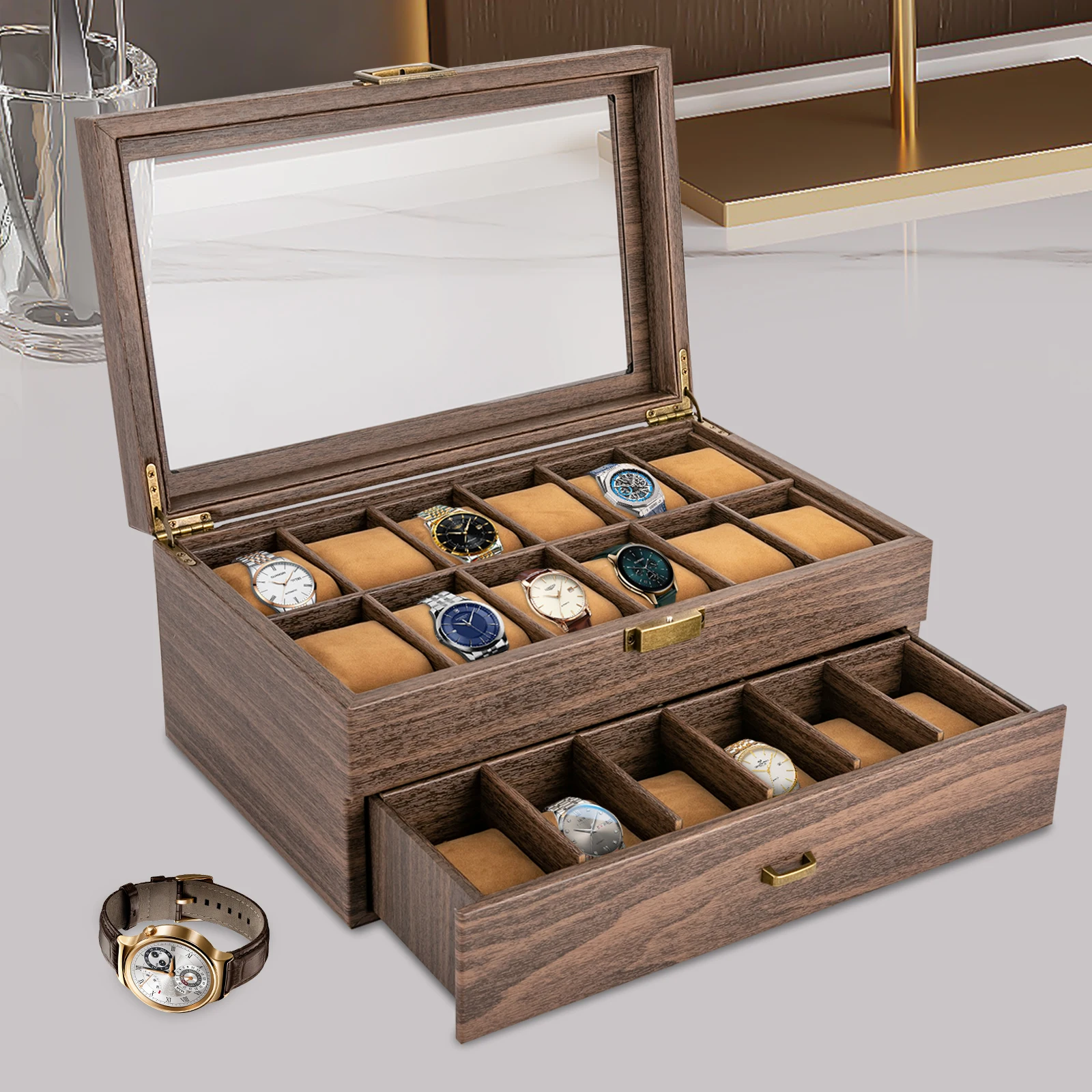 24-Slot Watch Box Organizer PU Leather Display Case with Glass Lid, Two-Tier Jewelry Storage Case with Soft Pillows for Men, Elegant Rustic Brown Watch Packaging Organizer for Dresser and Gift - 图片 4