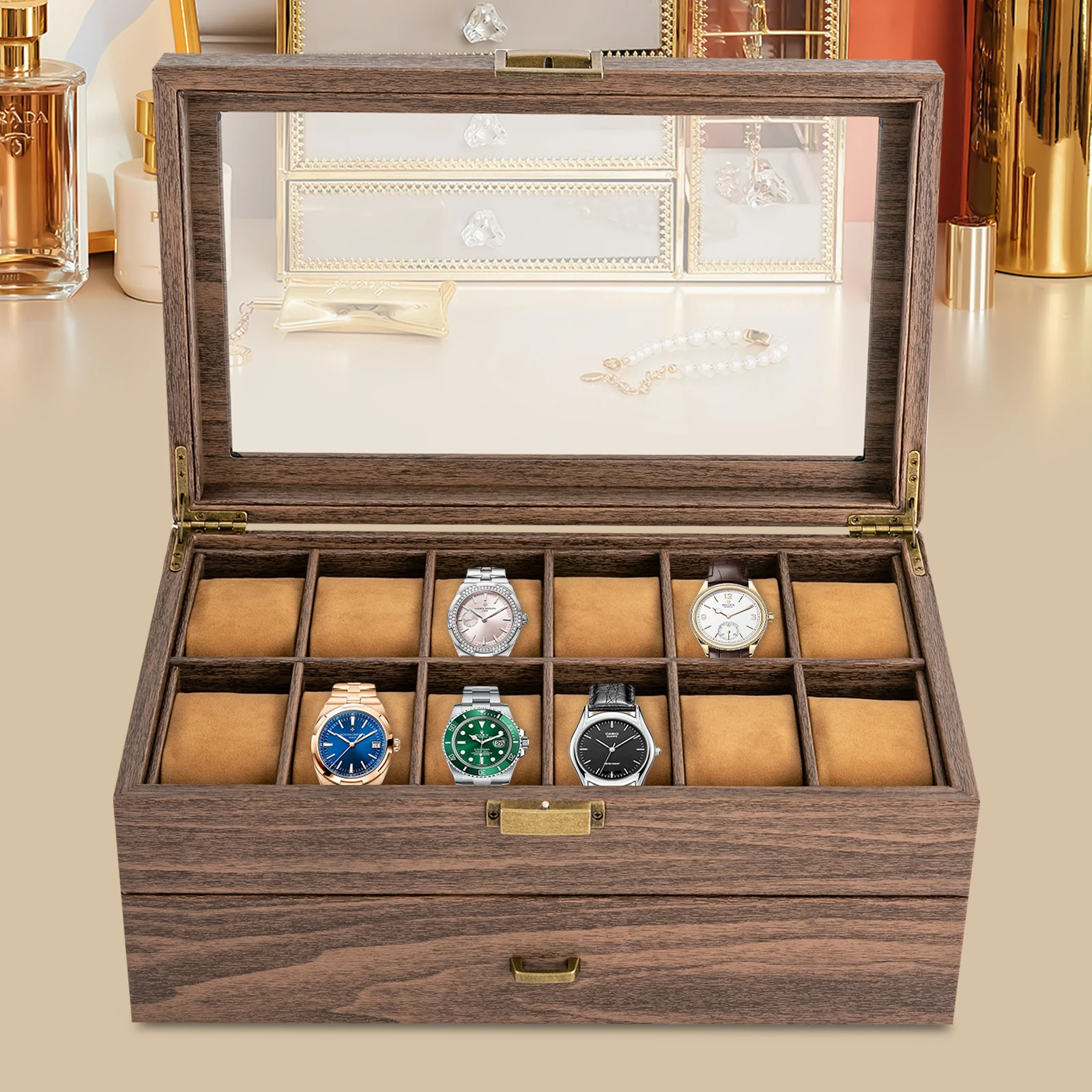 24-Slot Watch Box Organizer PU Leather Display Case with Glass Lid, Two-Tier Jewelry Storage Case with Soft Pillows for Men, Elegant Rustic Brown Watch Packaging Organizer for Dresser and Gift - 图片 5