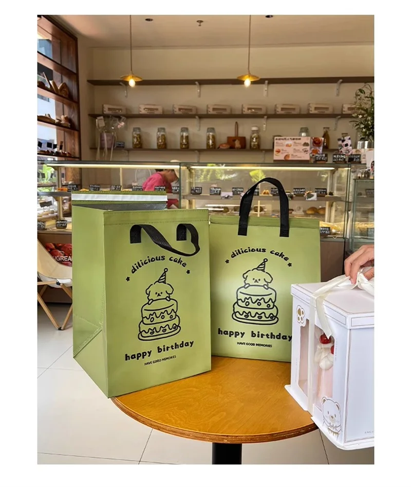 10pcs Green Insulated Tote Bags Non Woven Fabric Reusable Shopping Bags for Food Delivery Hot and Cold Storage, Cake and Baking Packaging, Lunch Grocery Carrier Eco Friendly Storage Pouches 10
