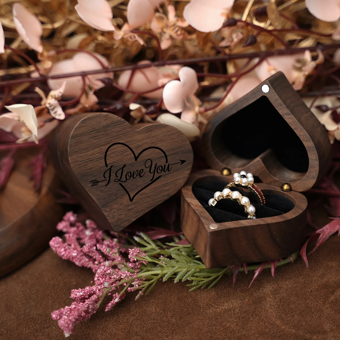 Vintage Walnut Heart-Shaped Wooden Jewelry Ring Box Magnetic Organizer with Drawer Velvet Interior Rustic Wedding Engagement Gift Packaging Storage Case for Rings and Accessories 6