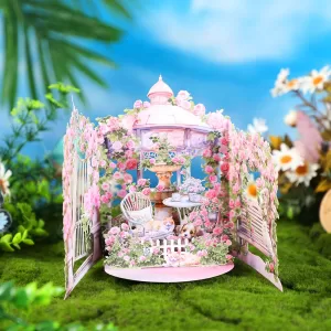 Pink Rose Garden Pop-Up Greeting Card – 3D Flower Birthday Anniversary Gift for Lover, Mom, Teacher or Friend, Spring Pop Up Card with Cozy Kitten Design, Romantic Keepsake for Special Celebrations