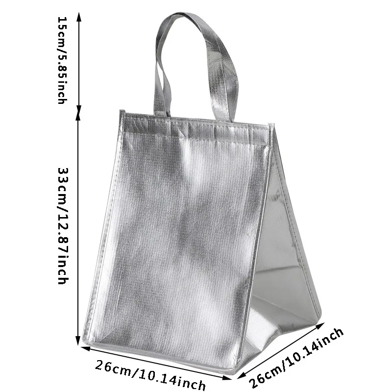 1Pc Silver Thermal Insulated Lunch Bag – Large Square Foil Cooler Tote for Cake, Sandwiches, Coffee, Drinks, and Fresh Food Storage, Reusable Refrigerated Picnic Delivery Bag