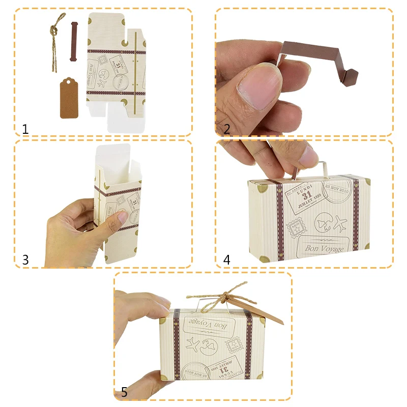 10P Mini Suitcase Candy Boxes with Rope Travel Theme Stamp Decor Kraft Paper Drawable Boxes for Wedding Birthday Gift Packaging DIY Party Favor Travel-Themed Supplies