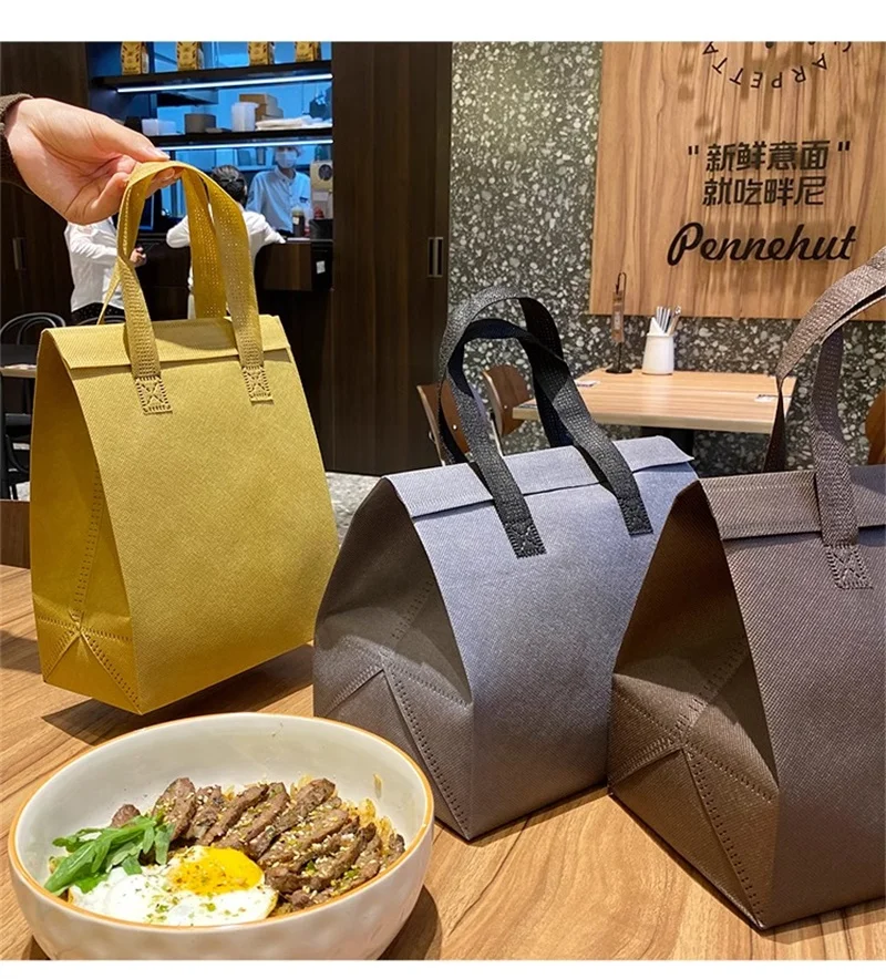 10pcs Grey Non-Woven Insulated Tote Bags – Reusable Portable Pouches for Bread, Food, Bakery, Snacks, Hot or Cold Meals, Delivery, Grocery, Picnic, Thermal Storage Carrier for Work, School, Travel 11