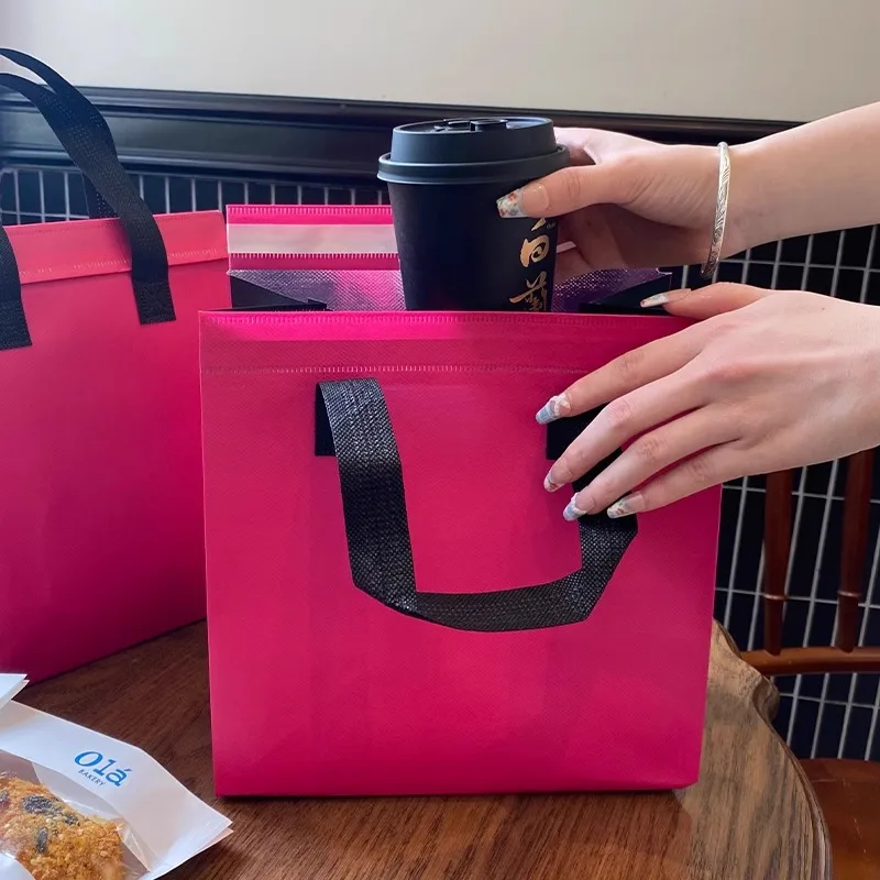 10pcs Pink Non-Woven Insulated Tote Bags – Reusable Fabric Pouches for Food, Drinks, Lunch, Grocery, Delivery, Picnic, Keep Warm or Cold, Portable Thermal Storage Carrier for Work, School, Travel - 图片 3