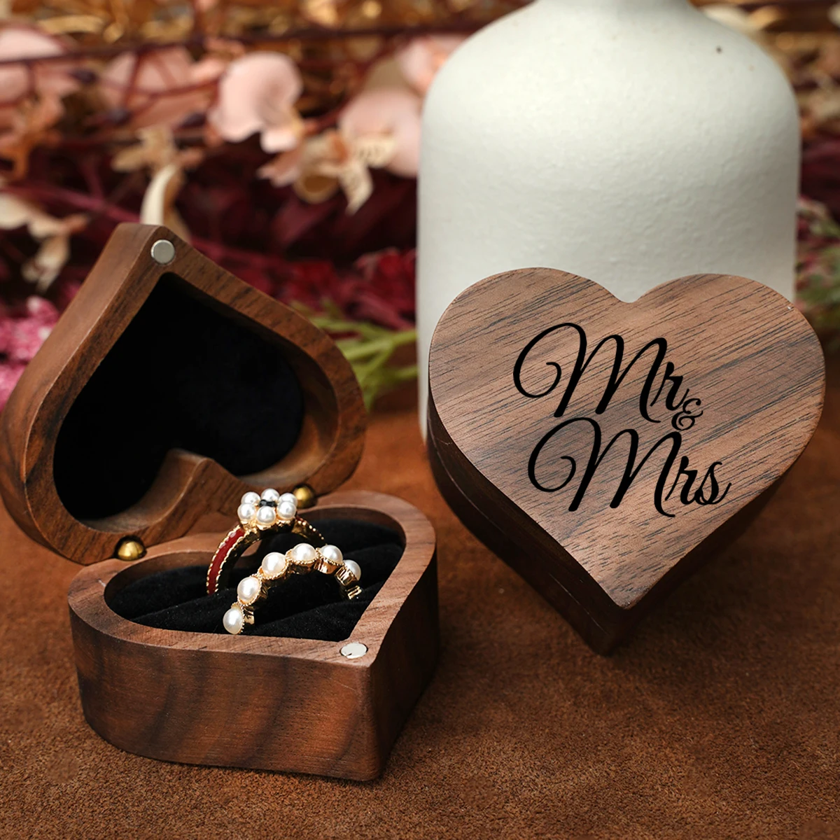Vintage Walnut Heart-Shaped Wooden Jewelry Ring Box Magnetic Organizer with Drawer Velvet Interior Rustic Wedding Engagement Gift Packaging Storage Case for Rings and Accessories