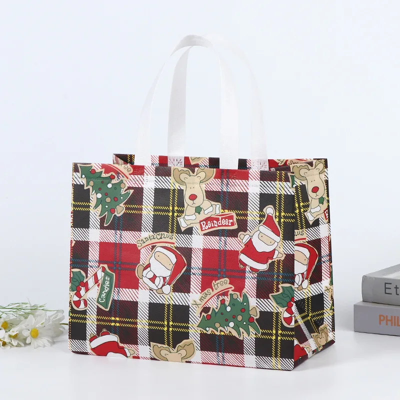 New Plaid Christmas Candy Gift Bags | Cute Santa Claus & Snowman Pattern Non-Woven Handbag | Waterproof Reusable Holiday Gift Packaging Tote for Xmas Party Supplies Decorations - 图片 21