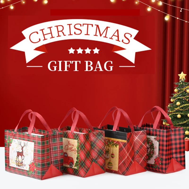 New Plaid Christmas Candy Gift Bags | Cute Santa Claus & Snowman Pattern Non-Woven Handbag | Waterproof Reusable Holiday Gift Packaging Tote for Xmas Party Supplies Decorations