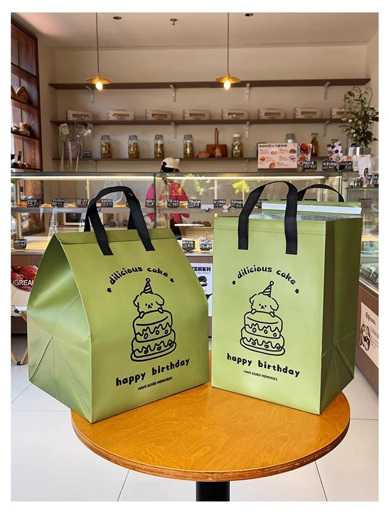 10pcs Green Insulated Tote Bags Non Woven Fabric Reusable Shopping Bags for Food Delivery Hot and Cold Storage, Cake and Baking Packaging, Lunch Grocery Carrier Eco Friendly Storage Pouches 2