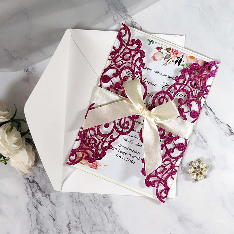 10PCS Laser Cut Blue Glitter Wedding Invitations with Ribbon – Elegant Gold Glitter Greeting Cards for XV Birthday, Bridal Shower, Engagement, Anniversary, or Party Decoration Supplies