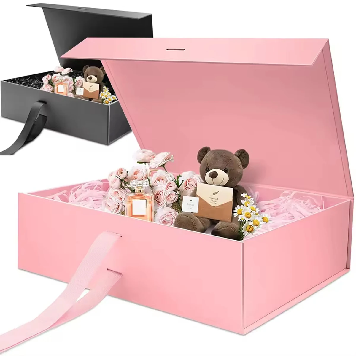 1/2pcs Pink Gift Box with Ribbon and Lid, Luxury Foldable Cardboard Gift Boxes for Engagement, Birthday, Bridesmaid, Wedding, Anniversary, Baby Shower, Party Supplies, Elegant Packaging for Special Gifts