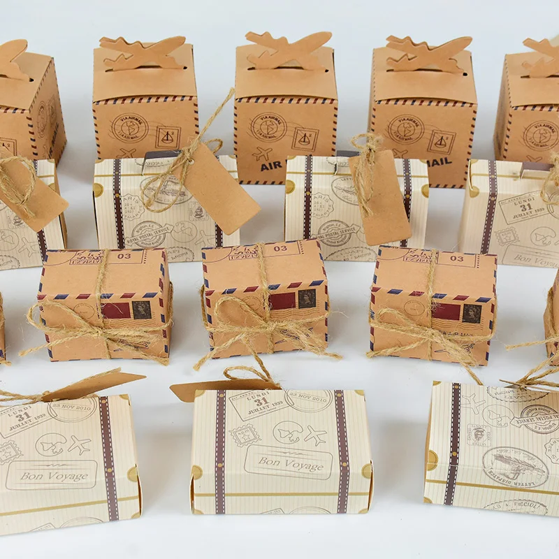 10P Mini Suitcase Candy Boxes with Rope Travel Theme Stamp Decor Kraft Paper Drawable Boxes for Wedding Birthday Gift Packaging DIY Party Favor Travel-Themed Supplies
