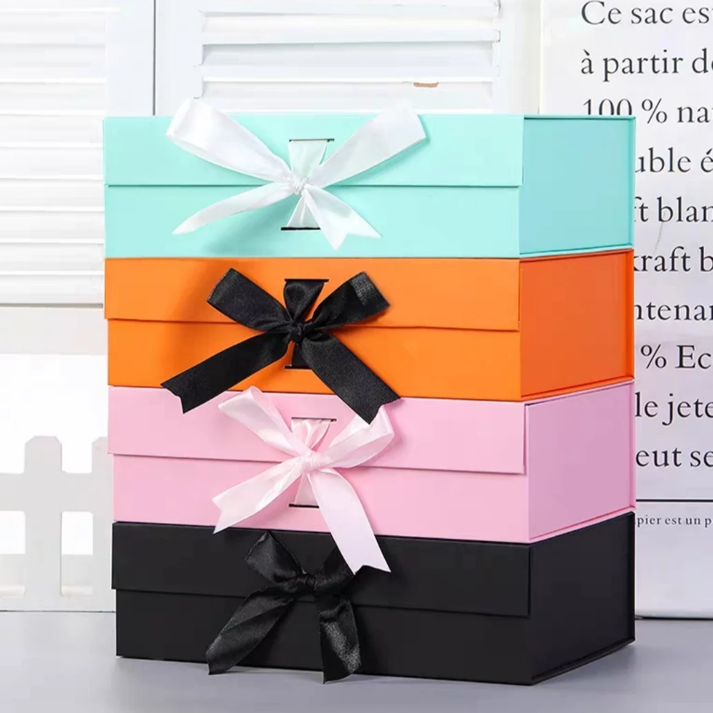 Foldable Magnetic Gift Box with Ribbon, Luxury Color Cardboard Packaging Box for Presents, Birthday, Wedding, Anniversary, Christmas, Valentine’s Day, Party Gifts, Elegant Collapsible Box for Shipping and Storage