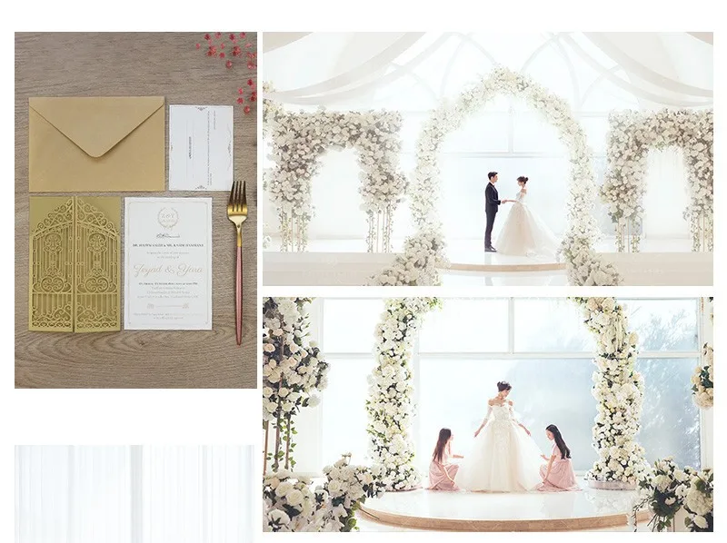 50PCS Laser Cut Wedding Gate Invitations – Elegant Pink and Gold Engagement Greeting Cards with Customizable Printing, Perfect for Bridal Shower, Anniversary, Birthday, Banquet, and Party Supplies