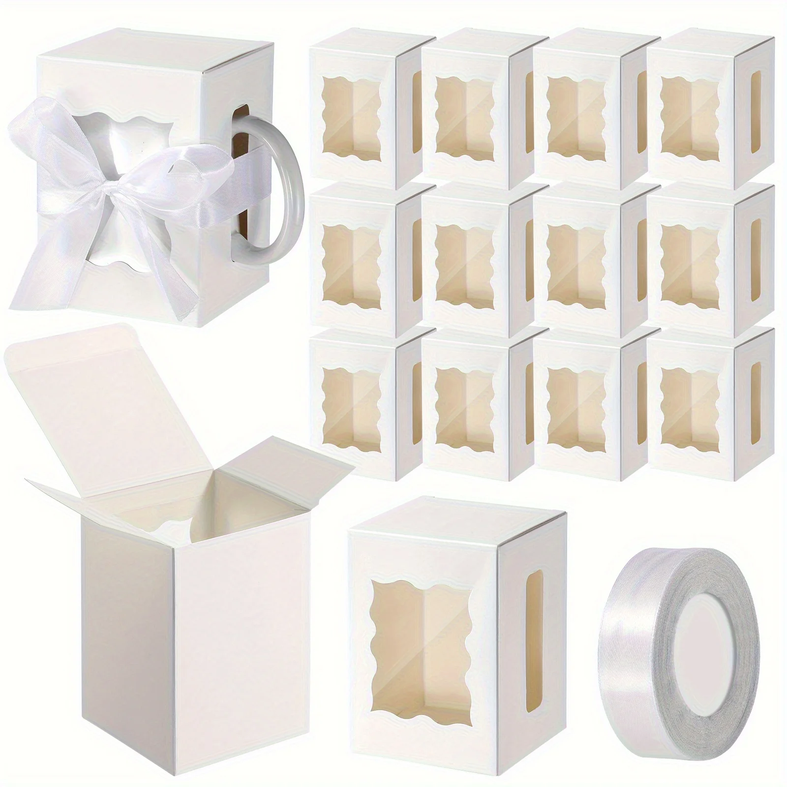 12PCS Mug Gift Boxes with 1 Roll Ribbon – Transparent Gift Packaging Box for Wrapping 11-12oz Sublimation Mugs, Mugs, and Wine Bottles, Ideal for Gifting and Customization