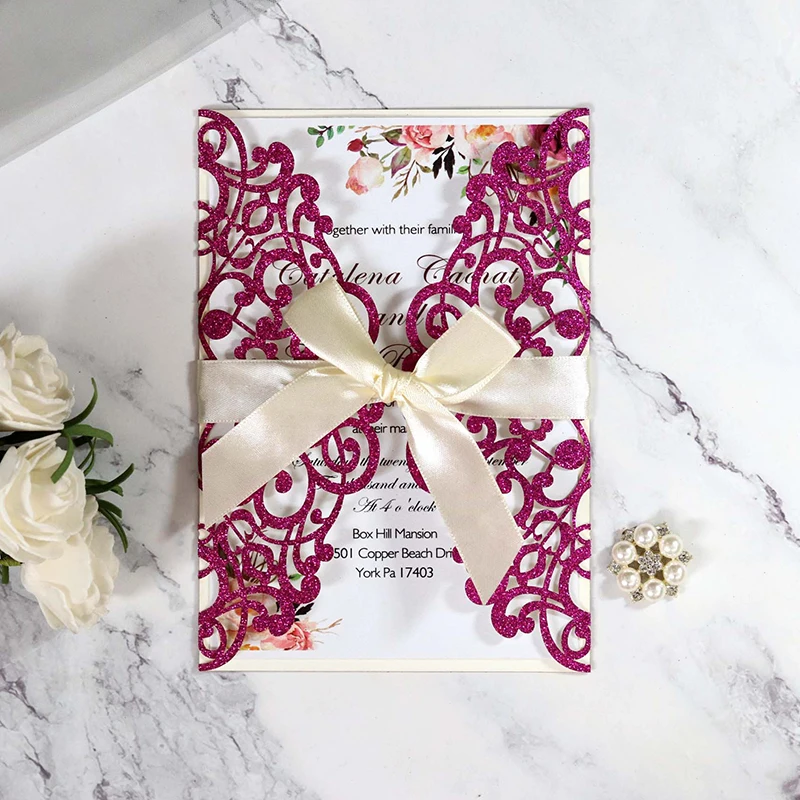 10PCS Laser Cut Blue Glitter Wedding Invitations with Ribbon – Elegant Gold Glitter Greeting Cards for XV Birthday, Bridal Shower, Engagement, Anniversary, or Party Decoration Supplies - 图片 10