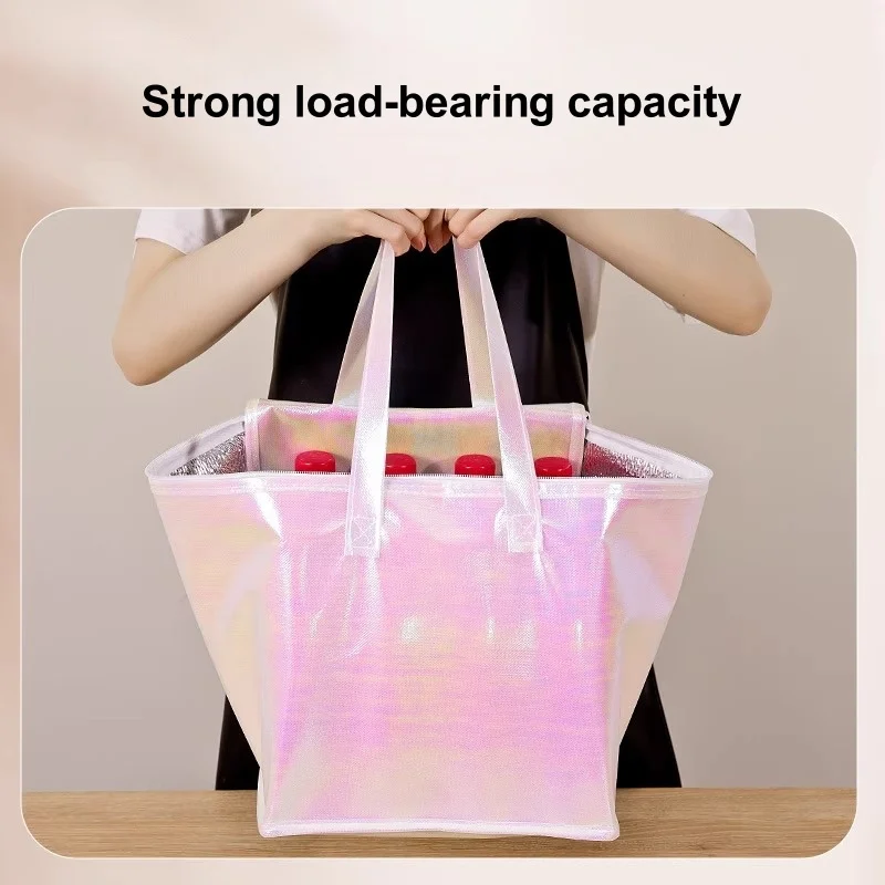 5pcs Laser Color Non-Woven Insulated Tote Bags – Portable Reusable Fabric Pouches for Cake, Food, Drinks, and Snacks, Thermal Carrier Keeps Hot or Cold, Perfect for Delivery, Picnic, Grocery, Work, School 5
