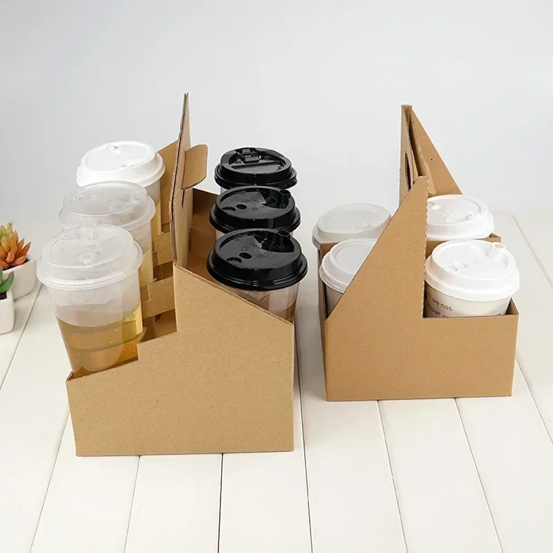 Thickened Kraft Paper Hand-Held Cup Holder 2/4/6 Cups Coffee Milk Tea Takeaway Packaging Box Portable Beverage Carrier Hand-Held Cup Holder Bag for Party Café Event - 图片 2