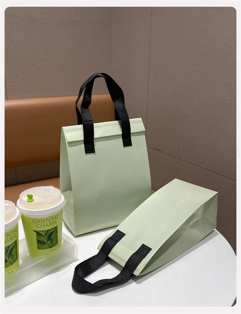 10pcs Green Non-Woven Insulated Tote Bags – Portable Reusable Meal Carrier Pouches for Lunch, Snacks, Drinks, Grocery, Delivery, Picnic, Hot or Cold Food Storage for Work, School, Travel 10