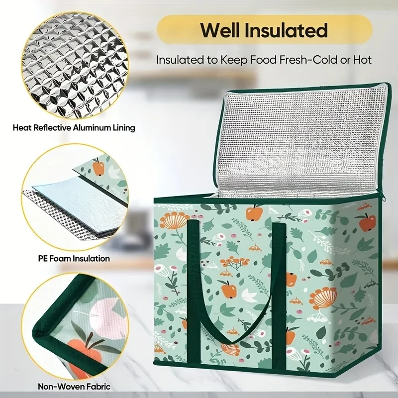 Large Reusable Grocery Tote Bag – Insulated Thermal Carrier Keeps Food and Drinks Hot or Cold for Hours, Durable Zipper Closure, Spacious Interior with Storage Compartments, Portable Lunch and Shopping Bag