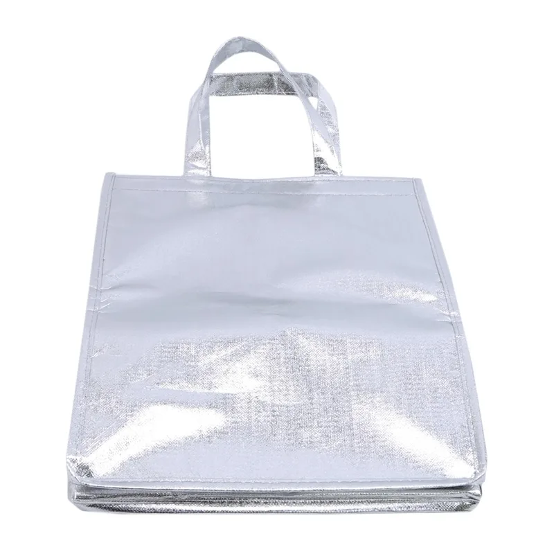 1Pc Silver Insulated Thermal Cooler Bag – Large Square Aluminum Foil Lunch Tote for Cakes, Sandwiches, Drinks, Coffee, and Fresh Food Storage, Portable Reusable Cooler Bag for Office, Picnic, and Delivery 7