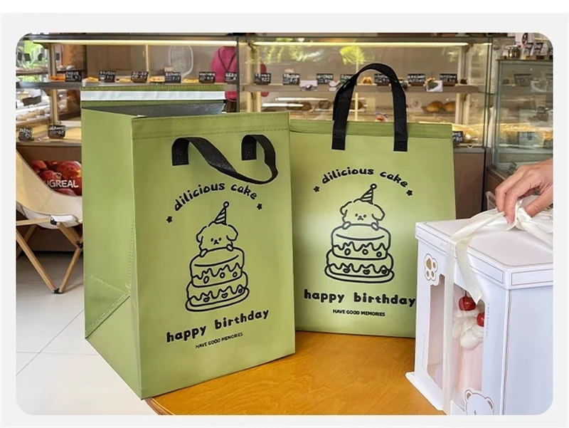 10pcs Green Insulated Tote Bags Non Woven Fabric Reusable Shopping Bags for Food Delivery Hot and Cold Storage, Cake and Baking Packaging, Lunch Grocery Carrier Eco Friendly Storage Pouches 3