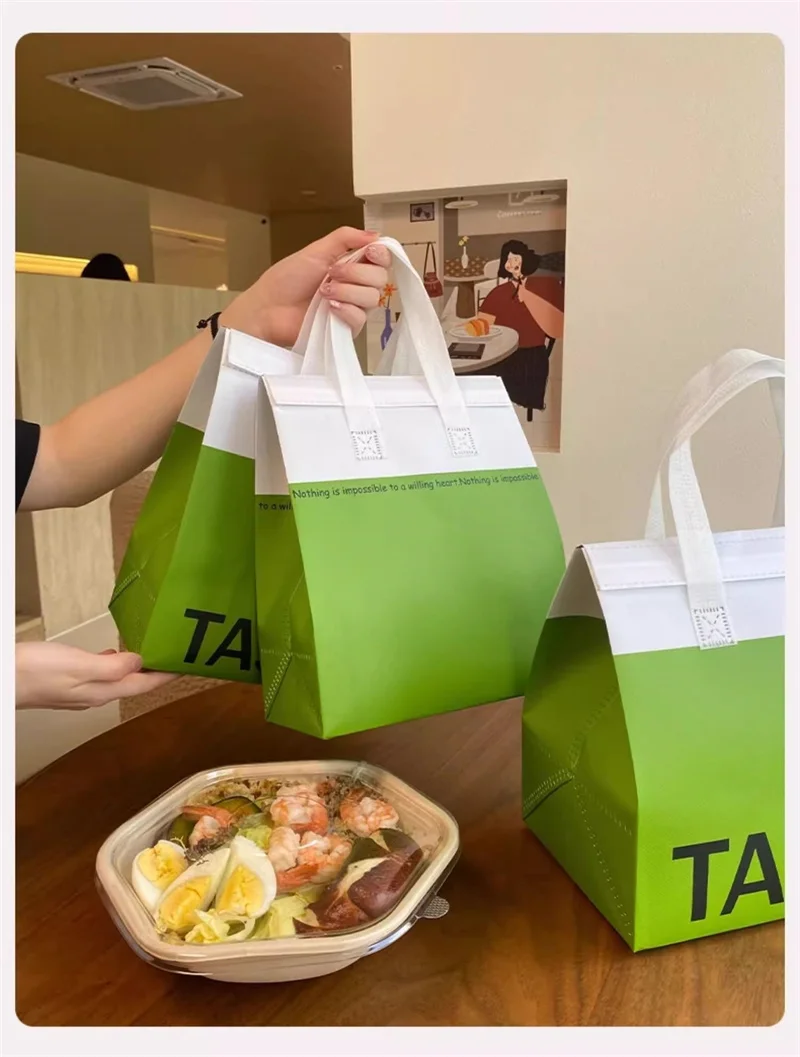 10pcs Green Non-Woven Insulated Tote Bags – Portable Reusable Pouches for Food, Drinks, Cake, and Snacks, Thermal Carrier Keeps Hot or Cold, Ideal for Delivery, Picnic, Grocery, Work, School 7