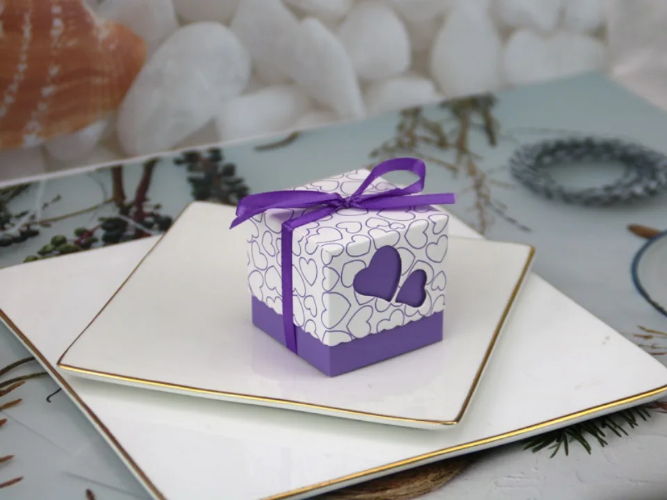 50Pcs Double Love Heart Candy Gift Boxes with Ribbon Wedding Favor Boxes Party Packaging Bags for Chocolate Cookies Small Gifts Birthday Baby Shower Anniversary Engagement Decoration Supplies