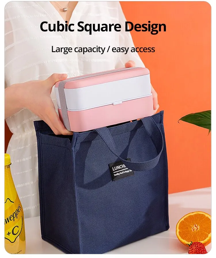 1pc Blue Grey Pink Portable Insulated Lunch Bag with Aluminum Foil Lining, Waterproof Food Storage Tote for Rice, Snacks, Picnic, Travel, Office, School, Reusable Thermal Lunch Box Carrier