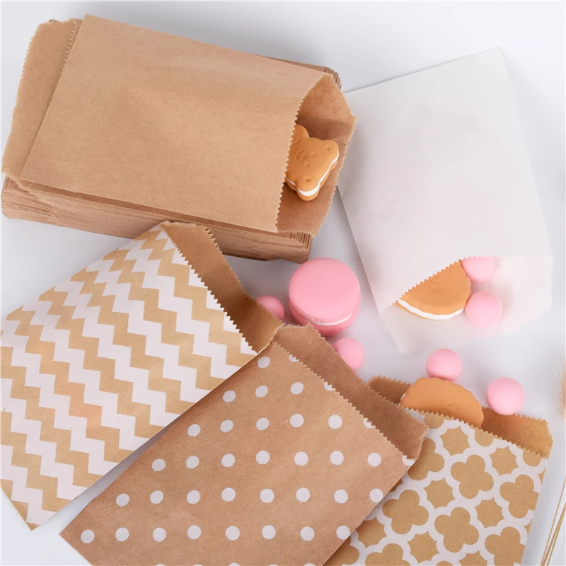 50pcs Kraft Paper Candy Bags with Wave Dot Pattern | 15x10cm Recyclable Biscuit Snack Popcorn Pouches | Food-Safe Biodegradable Birthday Wrapping Packaging Supplies with Stickers - 图片 3