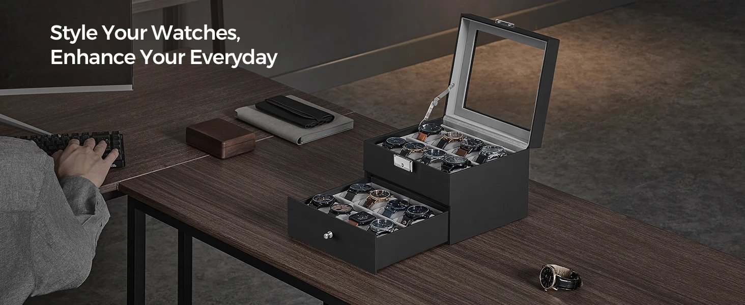 20 Slot Watch Display Case ⌚ – Lockable Black Leather Storage Box with Glass Lid, 2 Layer Organizer for Men's Jewelry Collection, Large Capacity 48mm Watch Holder