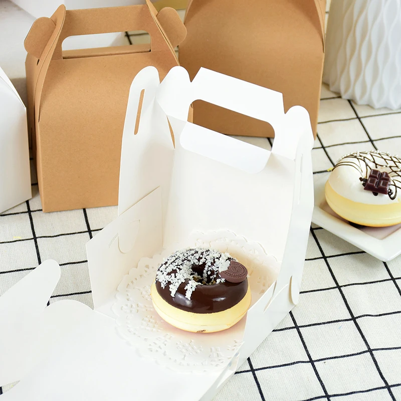 5/10Pcs Brown and White Kraft Paper Cake Boxes with Handle, Portable Gift Boxes for Cakes, Desserts, Mousse, Cupcakes, Birthday, Wedding, Party, Bakery Packaging, Pastries, DIY Gift Wrapping, Portable Cake Carrier 5