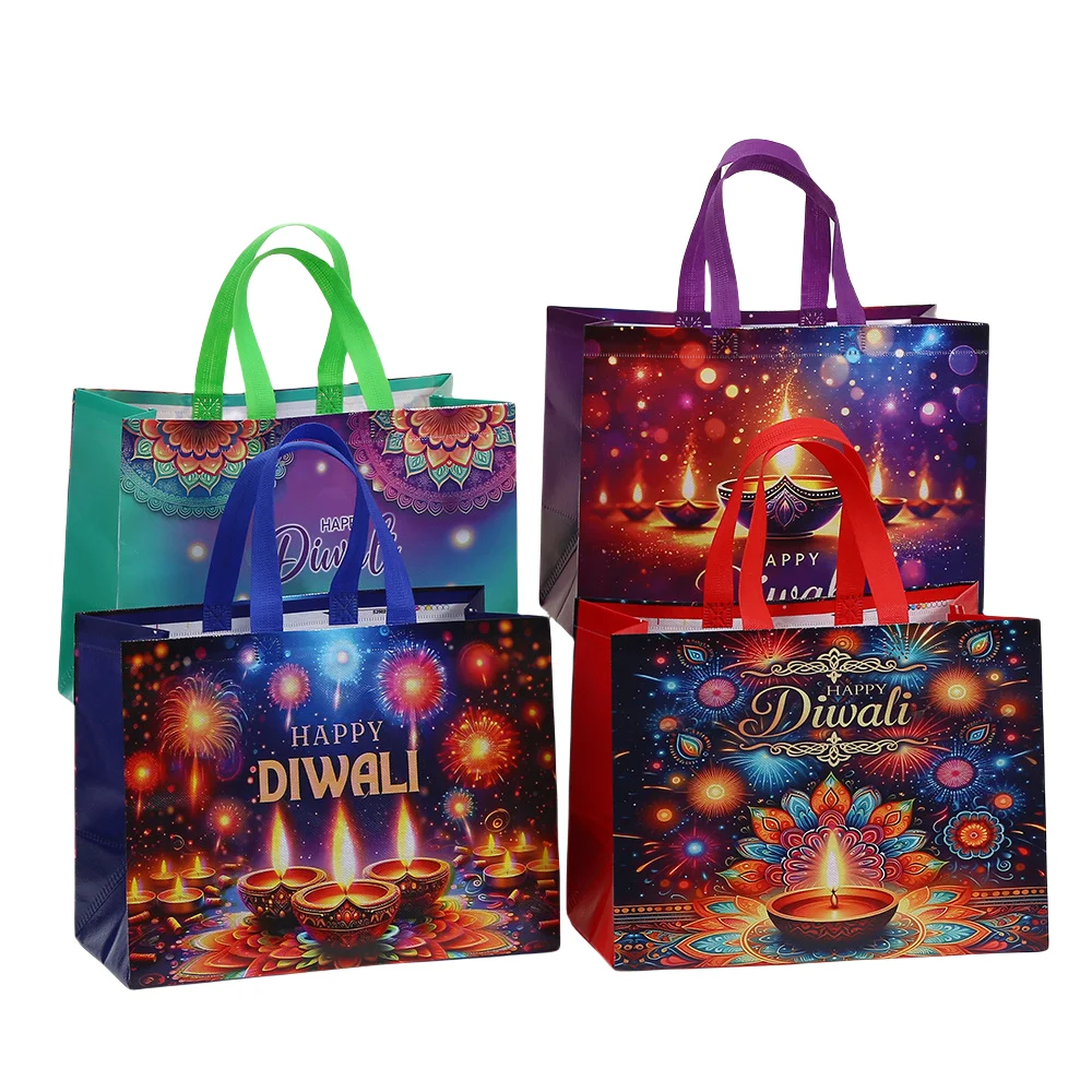 Happy Festival of Lights Nonwoven Gift Tote Bag with Colorful Print for Party Favors Return Gifts Reusable Eco-Friendly Festival Bag Sac Cadeau Bolsa de Regalo diwali Tasche Geschenk كيس مهرجان الأنوار ディーワリーバッグ 디왈리 포장 가방 2