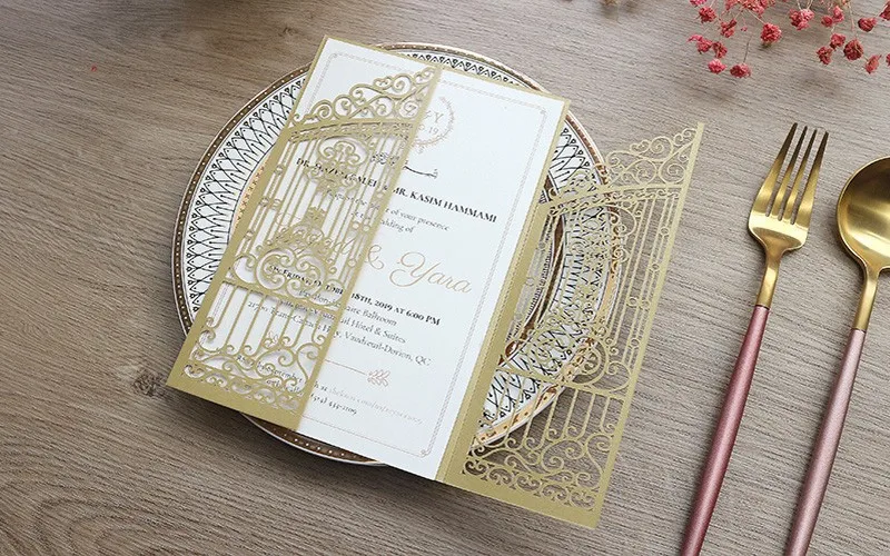 50PCS Laser Cut Wedding Gate Invitations – Elegant Pink and Gold Engagement Greeting Cards with Customizable Printing, Perfect for Bridal Shower, Anniversary, Birthday, Banquet, and Party Supplies