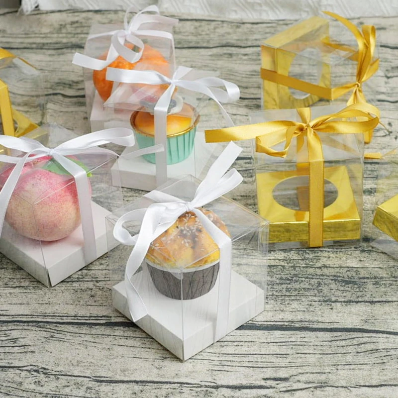 12Pcs PET Square Transparent Cupcake and Cake Boxes with Decorative Ribbons, Clear Plastic Dessert Containers for Wedding, Birthday, Party, Baking, Gift Packaging, and DIY Treat Presentation 4