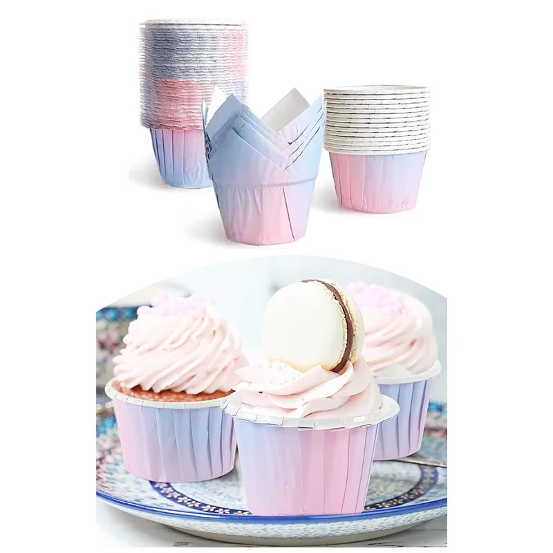 Gradient Color Cupcake Wrapper Baking Cups Grease-Proof Muffin Liners Containers High-Temperature Oven Safe Cupcake Holders Creative Dessert Wrappers for Parties and Baking