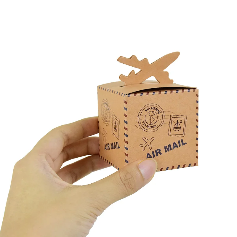 10P Mini Suitcase Candy Boxes with Rope Travel Theme Stamp Decor Kraft Paper Drawable Boxes for Wedding Birthday Gift Packaging DIY Party Favor Travel-Themed Supplies