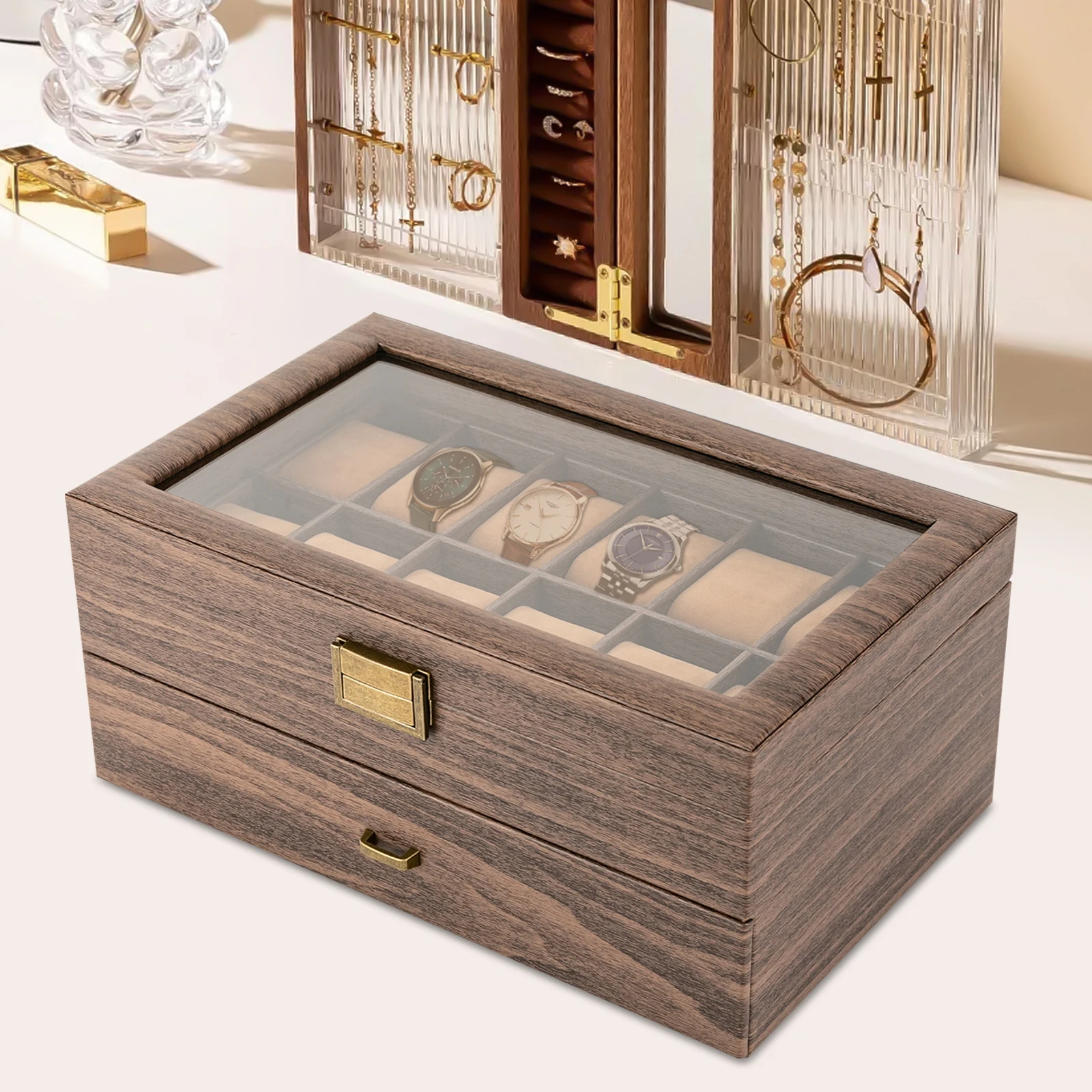 24-Slot Watch Box Organizer PU Leather Display Case with Glass Lid, Two-Tier Jewelry Storage Case with Soft Pillows for Men, Elegant Rustic Brown Watch Packaging Organizer for Dresser and Gift - 图片 6