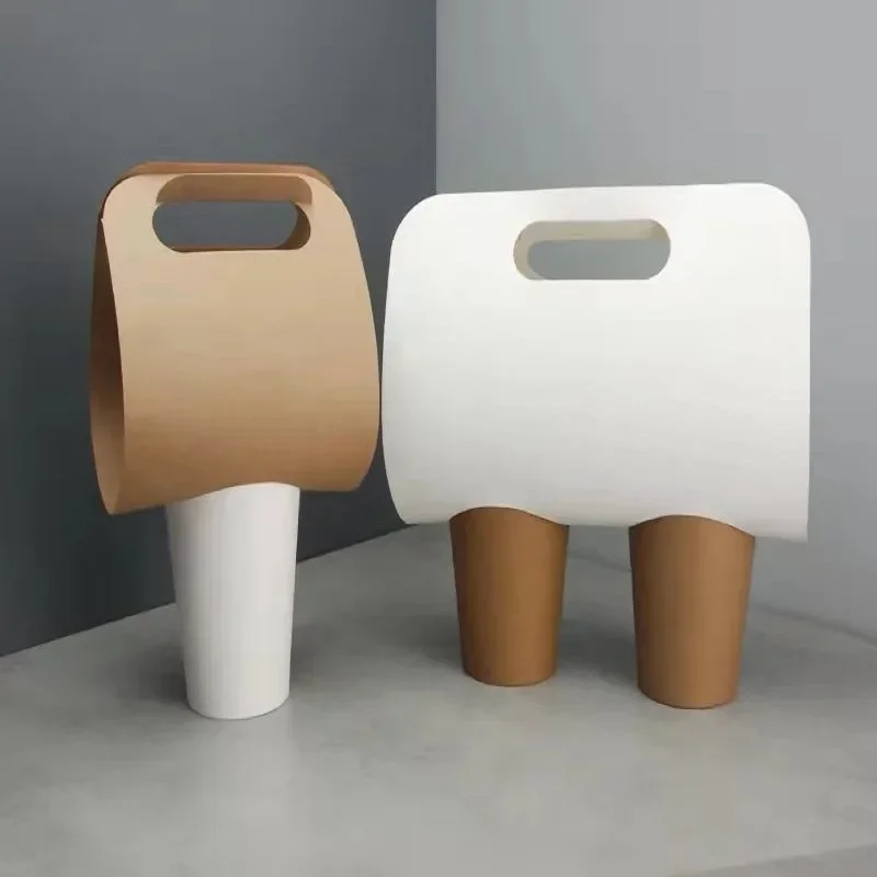Kraft Paper Cup Holder White Disposable Milk Tea Takeout Anti-Spillage Single Double Hole Beverage Carrier Originality Portable Package for Coffee Tea Party Café Event Accessories