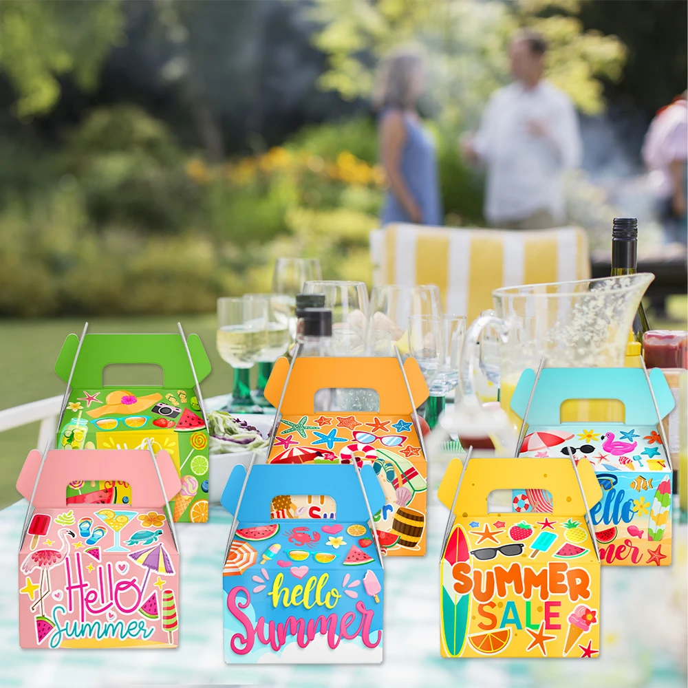 6/12Pcs Hawaiian Paper Gift Boxes with Handle, Candy and Cookie Packaging Bags for Tropical Summer Beach Party, Pool Party Decorations, Birthday Wedding Favors, Dessert Gift Boxes for Summer Celebration Supplies - 图片 6