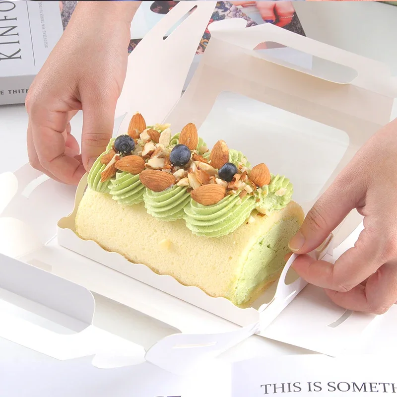 10/20 Sets White Handheld Transparent Cake Boxes, Paper & PET Long Fold Drawer Cake Roll, Dim Sum, Mousse Cake Packaging Box, Gift Packaging for Desserts and Pastries - 图片 4